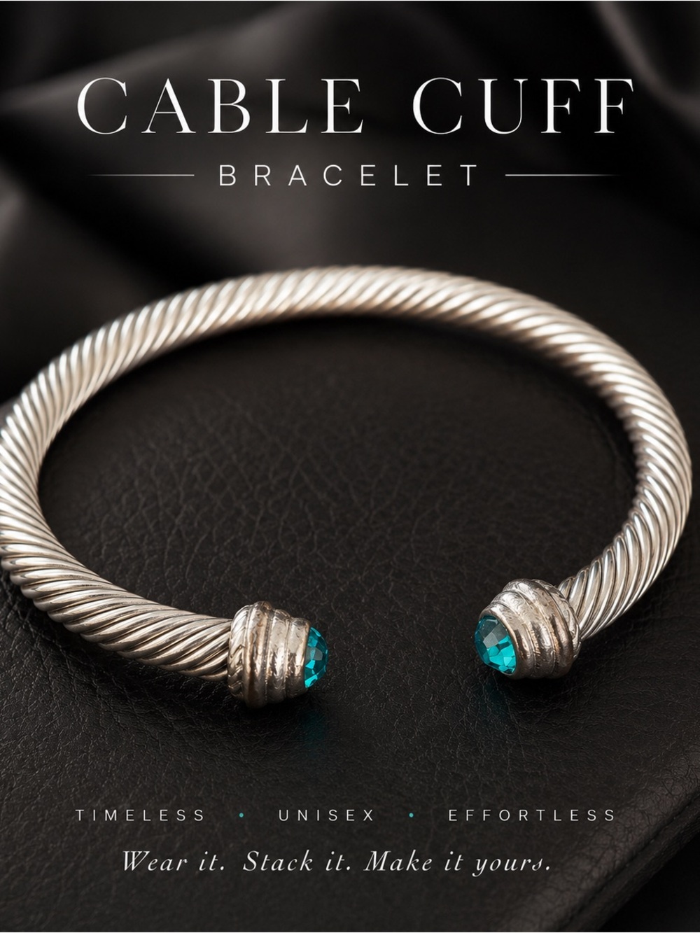 Unisex Silver-Tone Cable Cuff Bracelet Blue Crystal Accents